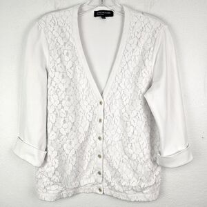 Jones New York Sweater Lace Cardigan Button Front Sz L Classic Feminine Neutral